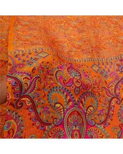 Sanskriti Vintage Sarees Saffron Indian Pure Silk Printed Sari Soft Craft Fabric, PR-64252-Saffron-Pure Silk-5