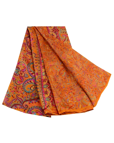 Sanskriti Vintage Sarees Saffron Indian Pure Silk Printed Sari Soft Craft Fabric, PR-64252-Saffron-Pure Silk-6