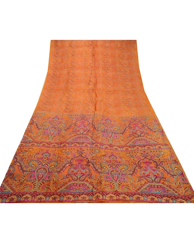 Sanskriti Vintage Sarees Saffron Indian Pure Silk Printed Sari Soft Craft Fabric, PR-64252-Saffron-Pure Silk-7