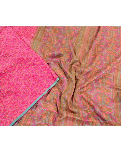 Sanskriti Vintage Sarees Pink Indian Pure Silk Printed Sari Soft Craft Fabric, PR-64253-Pink-Pure Silk-1