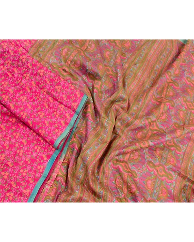 Sanskriti Vintage Sarees Pink Indian Pure Silk Printed Sari Soft Craft Fabric, PR-64253-Pink-Pure Silk-2