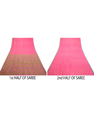 Sanskriti Vintage Sarees Pink Indian Pure Silk Printed Sari Soft Craft Fabric, PR-64253-Pink-Pure Silk-4