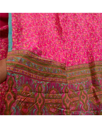 Sanskriti Vintage Sarees Pink Indian Pure Silk Printed Sari Soft Craft Fabric, PR-64253-Pink-Pure Silk-5