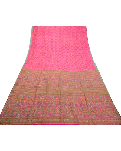 Sanskriti Vintage Sarees Pink Indian Pure Silk Printed Sari Soft Craft Fabric, PR-64253-Pink-Pure Silk-7