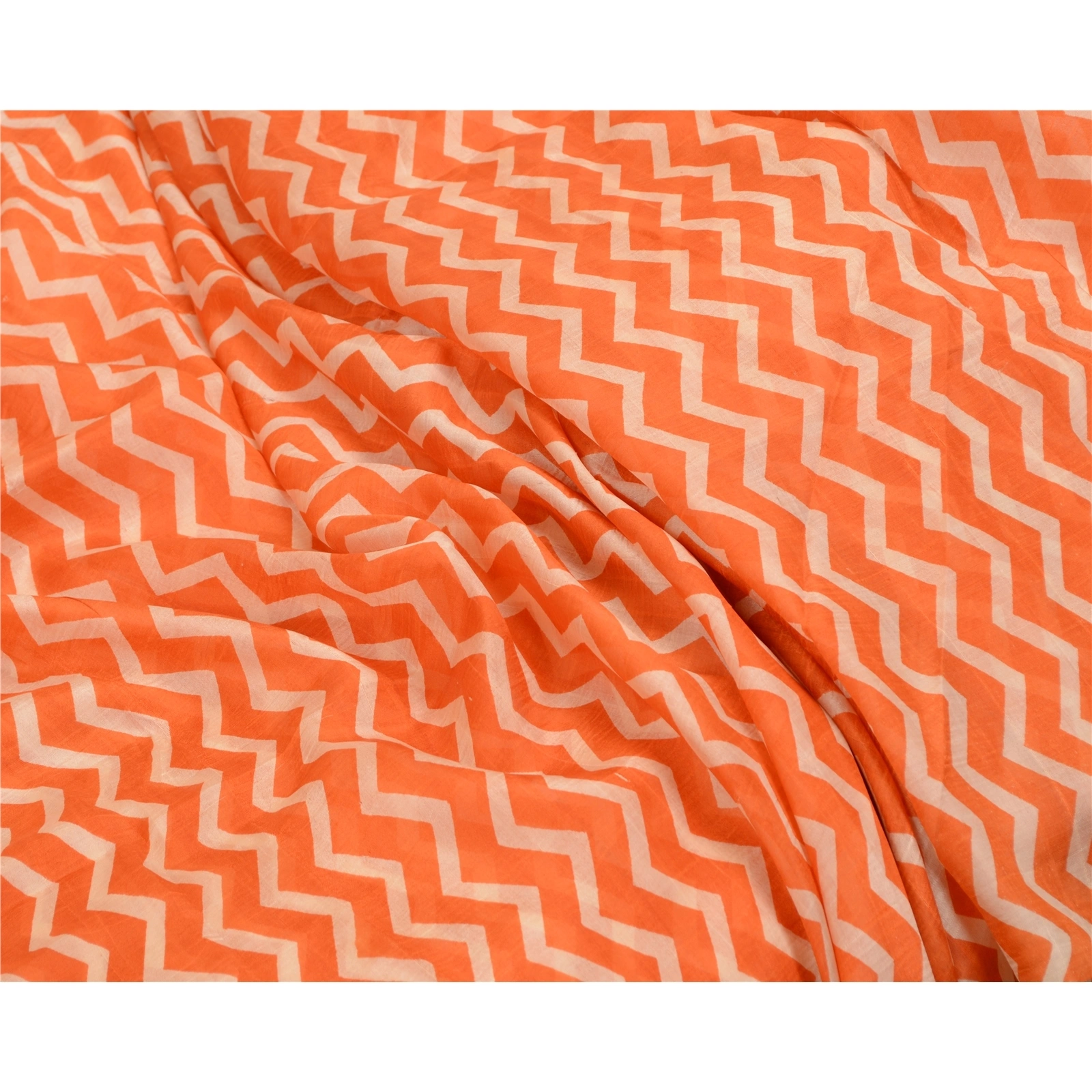 Sanskriti Vintage Sarees Orange Indian Pure Silk Printed Sari Soft Craft Fabric, PR-64255-Orange-Pure Silk-1