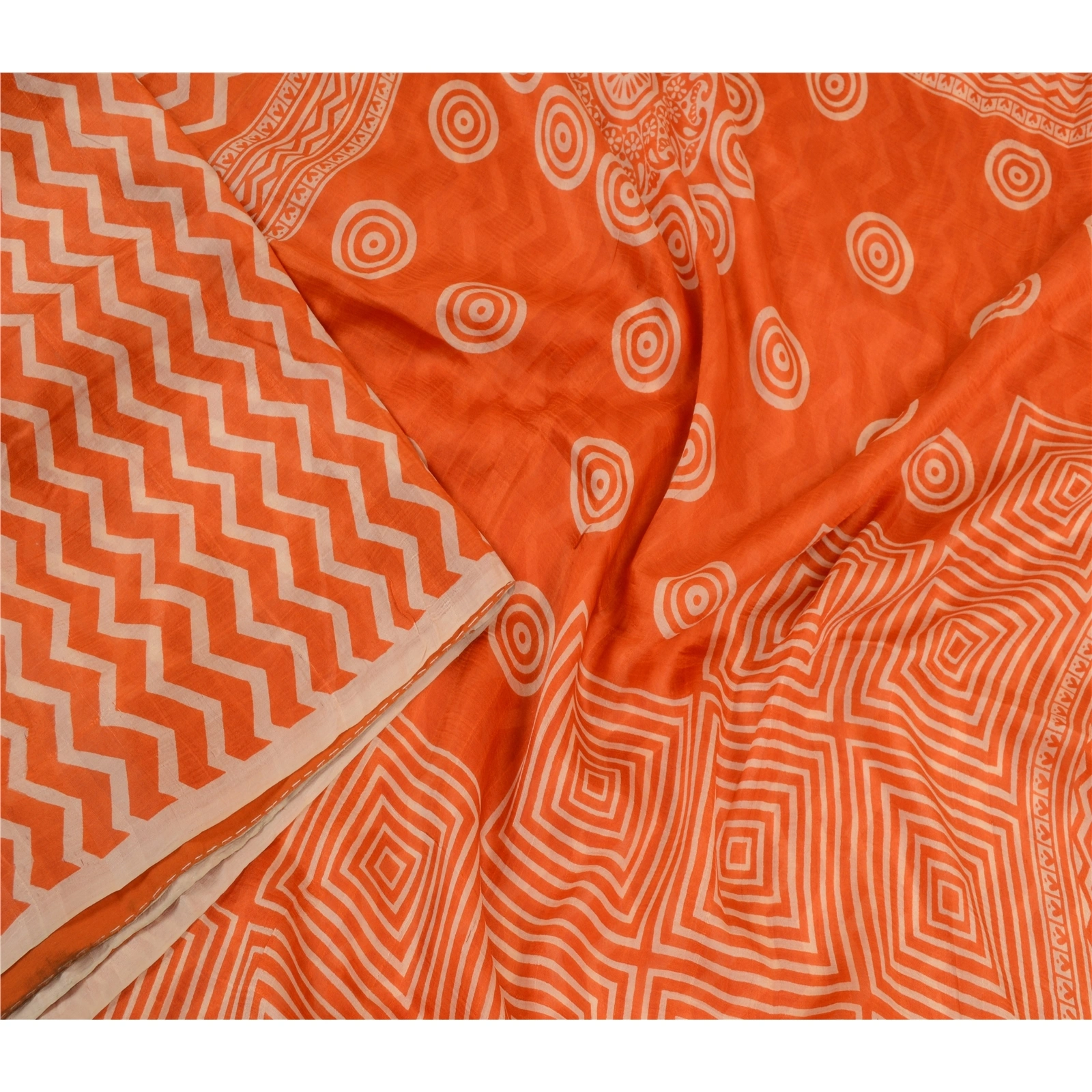 Sanskriti Vintage Sarees Orange Indian Pure Silk Printed Sari Soft Craft Fabric, PR-64255-Orange-Pure Silk-2