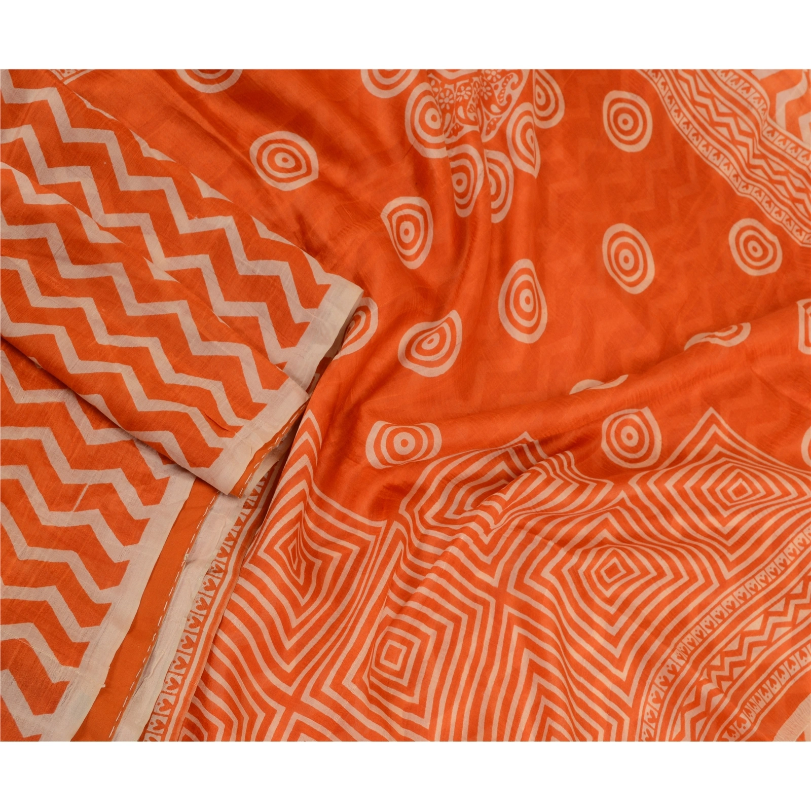 Sanskriti Vintage Sarees Orange Indian Pure Silk Printed Sari Soft Craft Fabric, PR-64255-Orange-Pure Silk-3