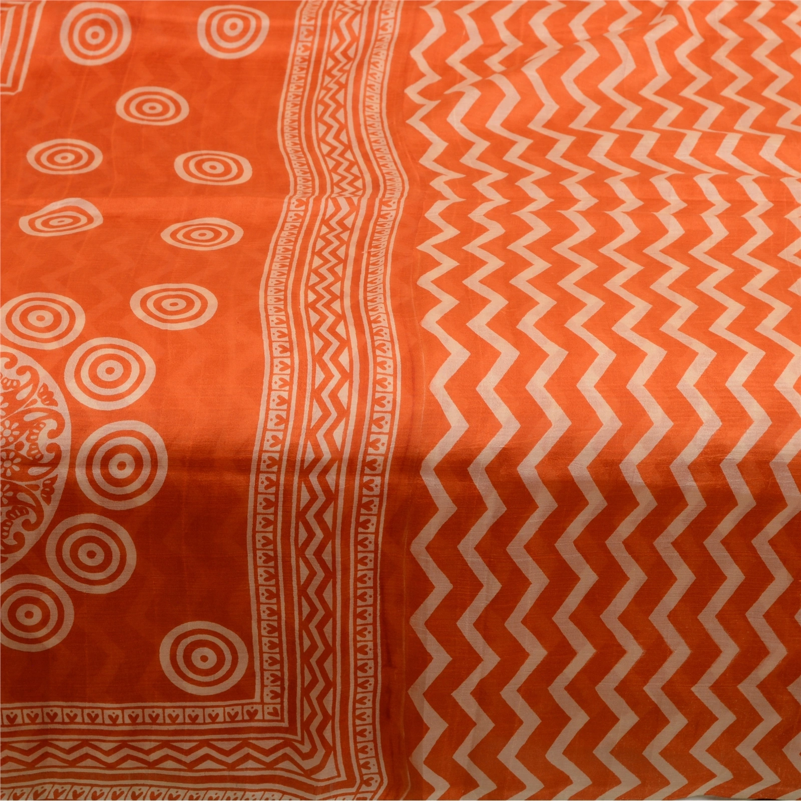 Sanskriti Vintage Sarees Orange Indian Pure Silk Printed Sari Soft Craft Fabric, PR-64255-Orange-Pure Silk-4