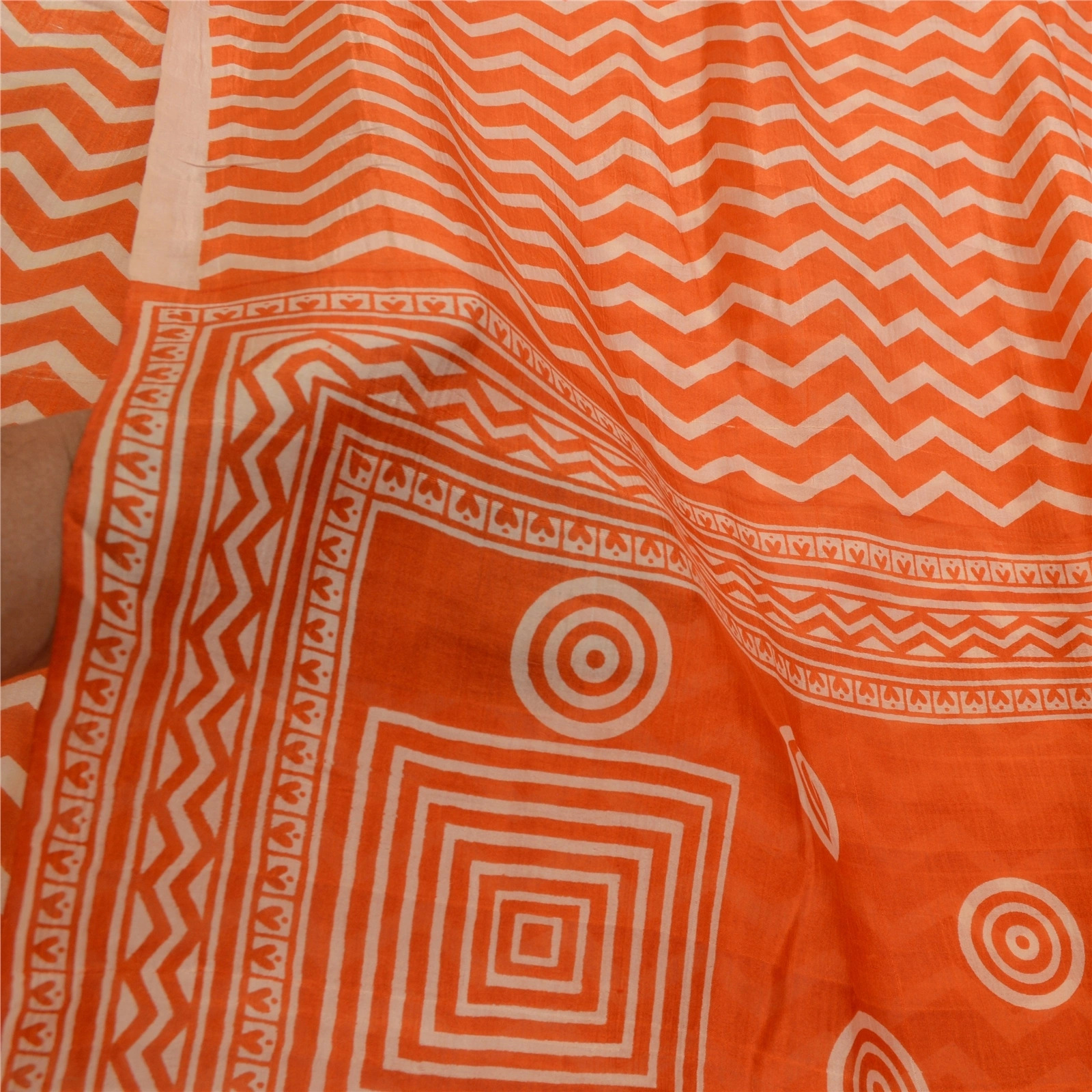 Sanskriti Vintage Sarees Orange Indian Pure Silk Printed Sari Soft Craft Fabric, PR-64255-Orange-Pure Silk-6