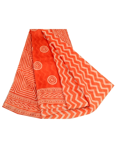 Sanskriti Vintage Sarees Orange Indian Pure Silk Printed Sari Soft Craft Fabric, PR-64255-Orange-Pure Silk-7