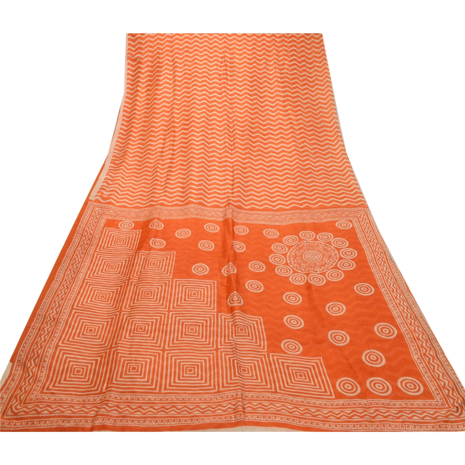 Sanskriti Vintage Sarees Orange Indian Pure Silk Printed Sari Soft Craft Fabric, PR-64255-Orange-Pure Silk-8