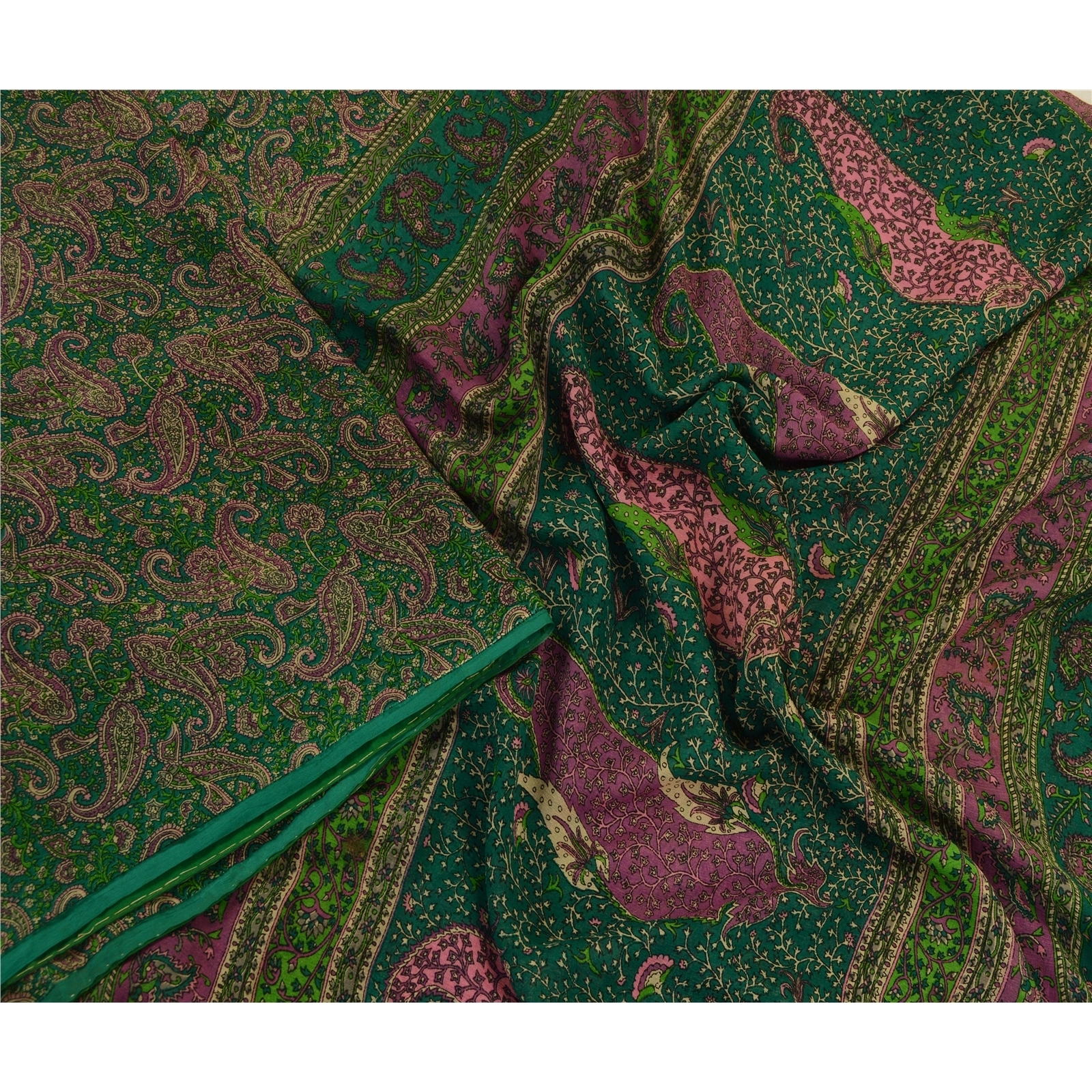 Sanskriti Vintage Sarees Green Pure Chiffon Silk Printed Sari Soft Craft Fabric, PR-64286-Green-Pure Chiffon Silk-1