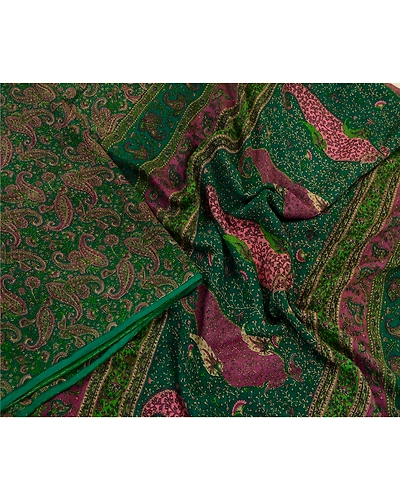 Sanskriti Vintage Sarees Green Pure Chiffon Silk Printed Sari Soft Craft Fabric, PR-64286-Green-Pure Chiffon Silk-1