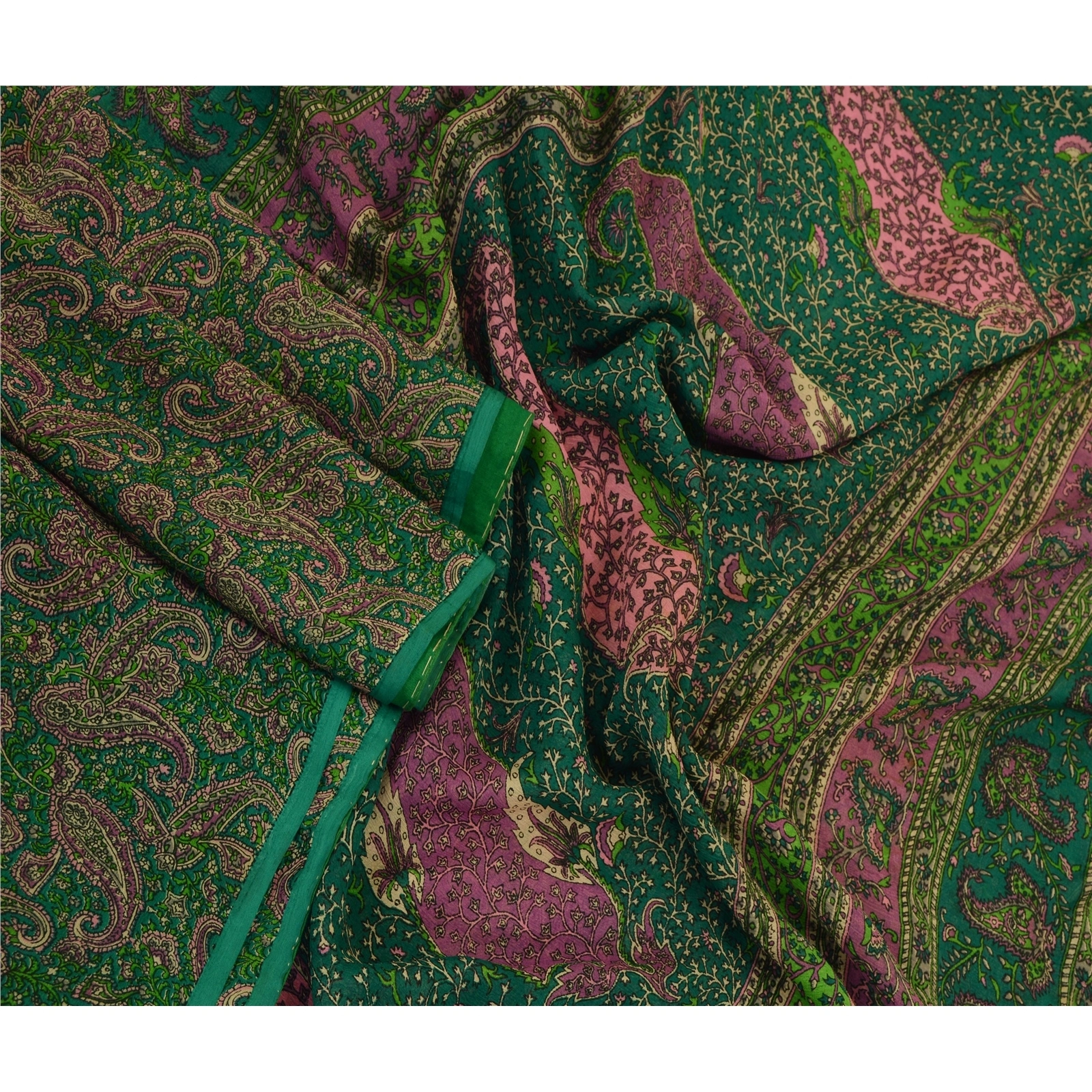 Sanskriti Vintage Sarees Green Pure Chiffon Silk Printed Sari Soft Craft Fabric, PR-64286-Green-Pure Chiffon Silk-2