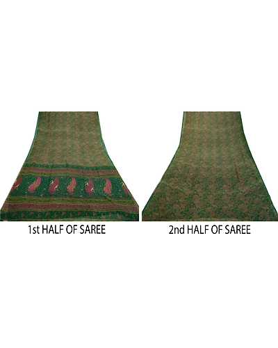 Sanskriti Vintage Sarees Green Pure Chiffon Silk Printed Sari Soft Craft Fabric, PR-64286-Green-Pure Chiffon Silk-4