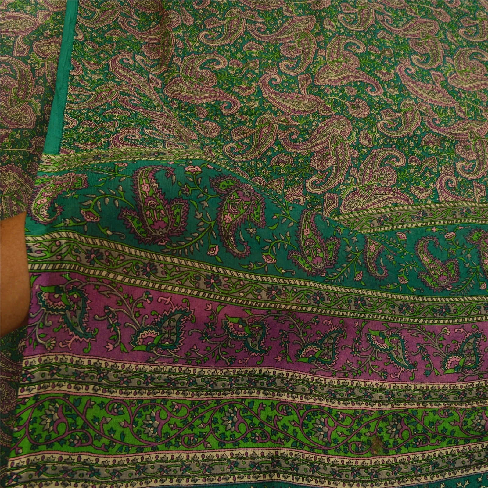 Sanskriti Vintage Sarees Green Pure Chiffon Silk Printed Sari Soft Craft Fabric, PR-64286-Green-Pure Chiffon Silk-5