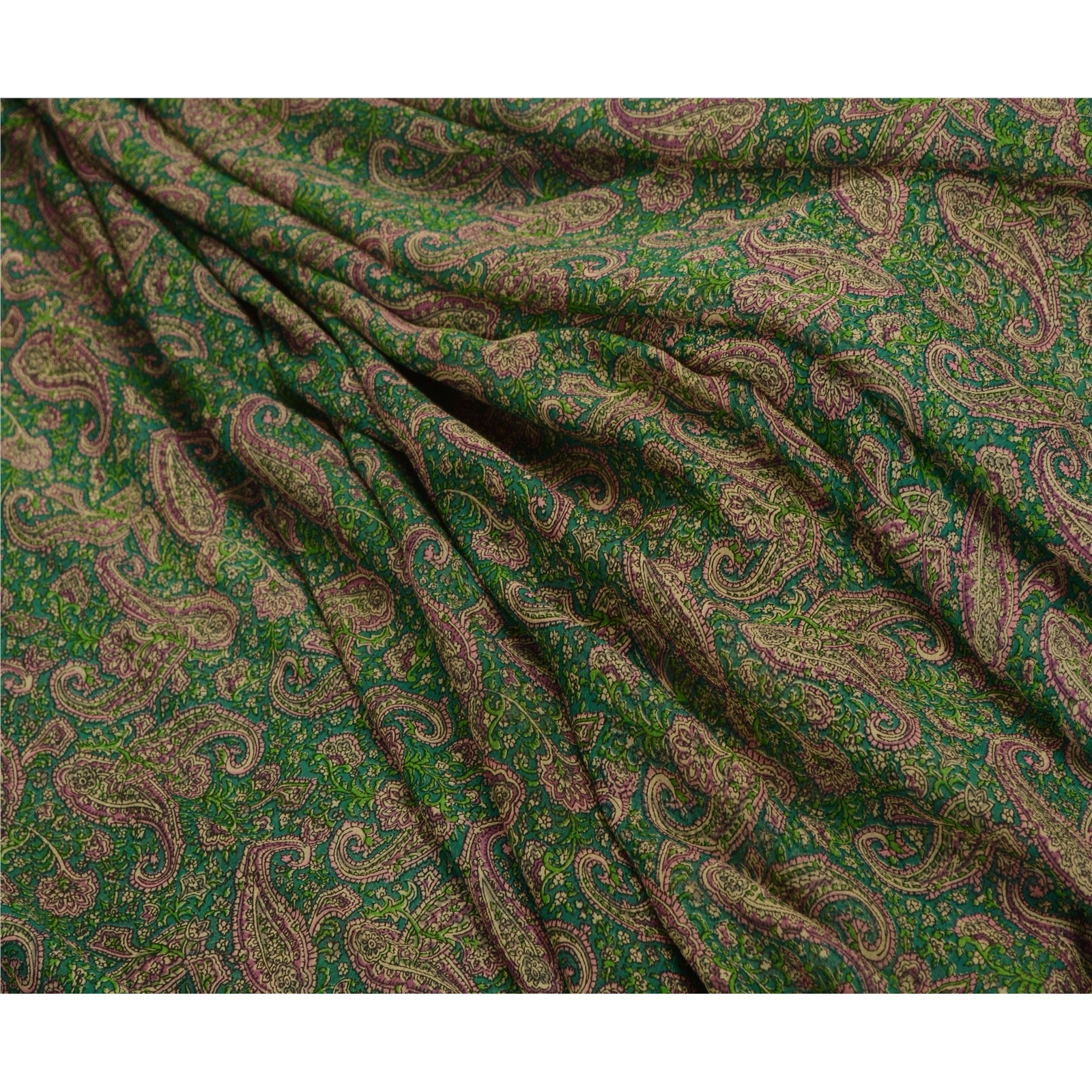 Sanskriti Vintage Sarees Green Pure Chiffon Silk Printed Sari Soft Craft Fabric, PR-64286-Green-Pure Chiffon Silk-6