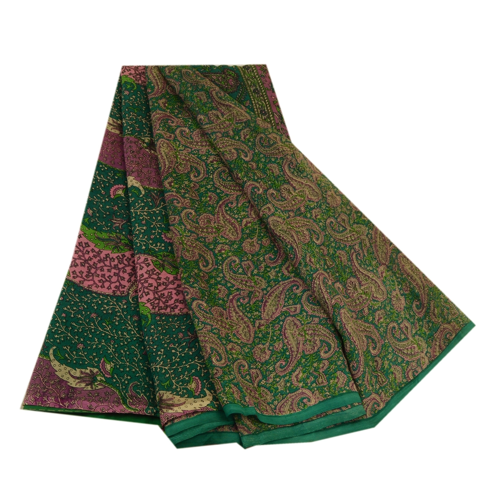 Sanskriti Vintage Sarees Green Pure Chiffon Silk Printed Sari Soft Craft Fabric, PR-64286-Green-Pure Chiffon Silk-7