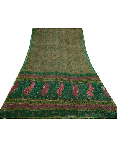 Sanskriti Vintage Sarees Green Pure Chiffon Silk Printed Sari Soft Craft Fabric, PR-64286-Green-Pure Chiffon Silk-8