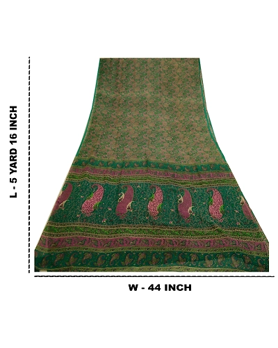 Sanskriti Vintage Sarees Green Pure Chiffon Silk Printed Sari Soft Craft Fabric, PR-64286-Green-Pure Chiffon Silk-9