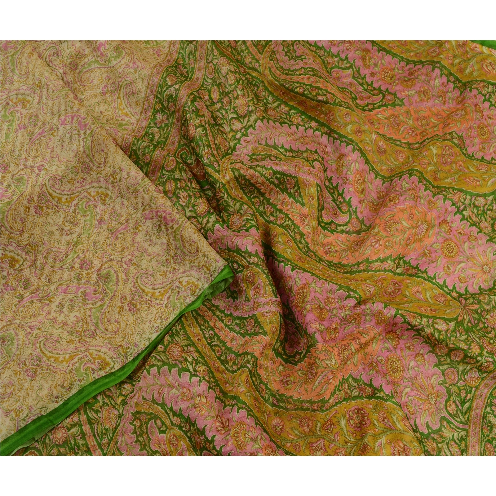 Sanskriti Vintage Sarees Cream Pure Silk Printed Woven Sari Soft Craft Fabric, PR-64287-Cream-Pure Silk-2