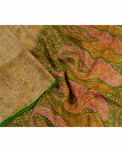 Sanskriti Vintage Sarees Cream Pure Silk Printed Woven Sari Soft Craft Fabric, PR-64287-Cream-Pure Silk-2