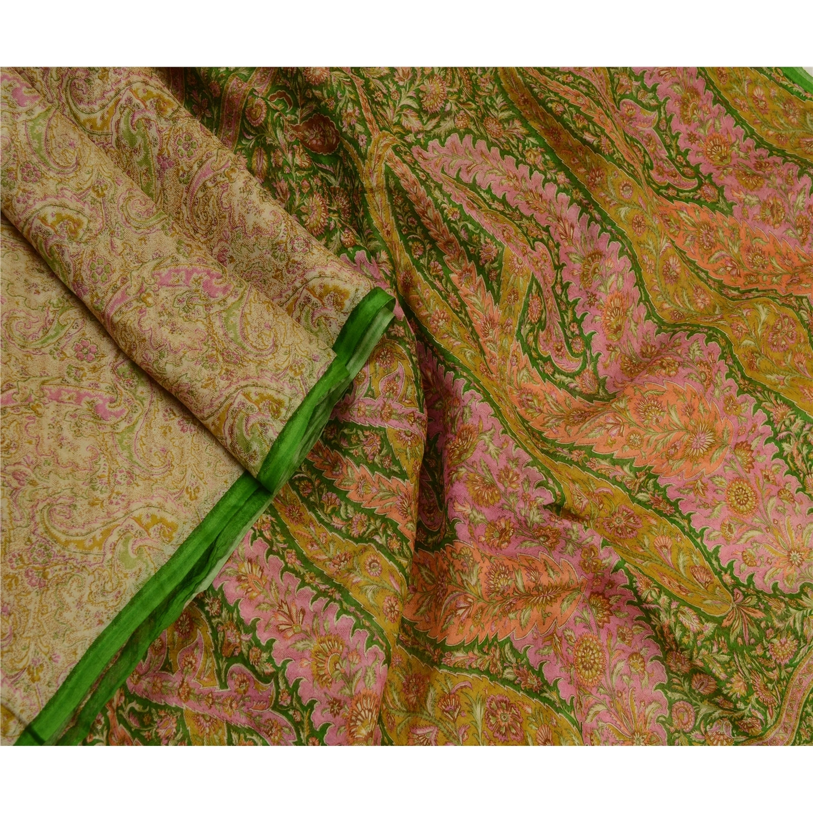 Sanskriti Vintage Sarees Cream Pure Silk Printed Woven Sari Soft Craft Fabric, PR-64287-Cream-Pure Silk-3