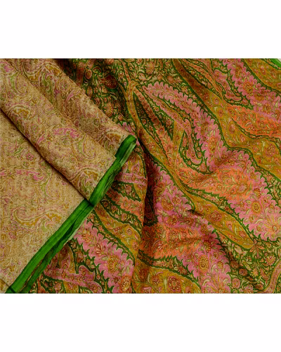 Sanskriti Vintage Sarees Cream Pure Silk Printed Woven Sari Soft Craft Fabric, PR-64287-Cream-Pure Silk-3