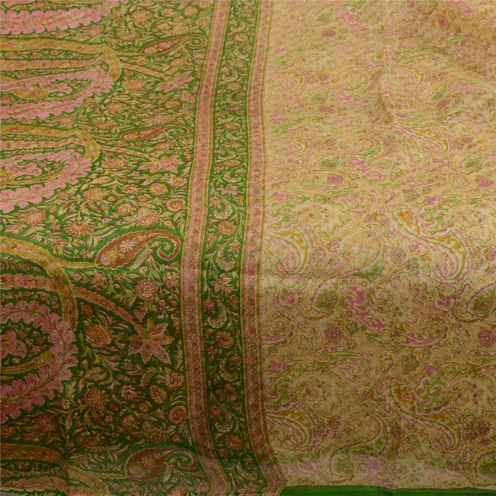 Sanskriti Vintage Sarees Cream Pure Silk Printed Woven Sari Soft Craft Fabric, PR-64287-Cream-Pure Silk-4