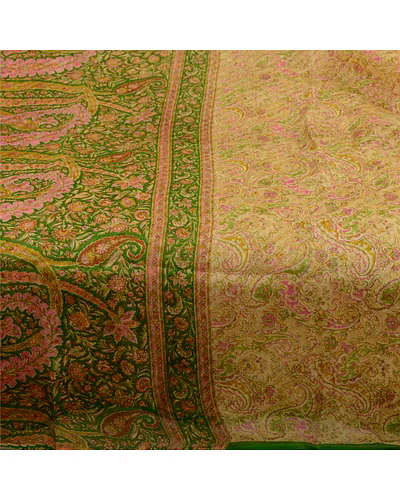 Sanskriti Vintage Sarees Cream Pure Silk Printed Woven Sari Soft Craft Fabric, PR-64287-Cream-Pure Silk-4