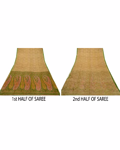 Sanskriti Vintage Sarees Cream Pure Silk Printed Woven Sari Soft Craft Fabric, PR-64287-Cream-Pure Silk-5
