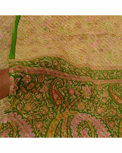 Sanskriti Vintage Sarees Cream Pure Silk Printed Woven Sari Soft Craft Fabric, PR-64287-Cream-Pure Silk-6