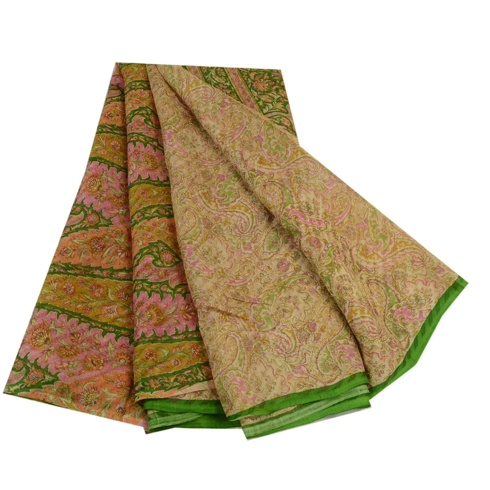 Sanskriti Vintage Sarees Cream Pure Silk Printed Woven Sari Soft Craft Fabric, PR-64287-Cream-Pure Silk-7