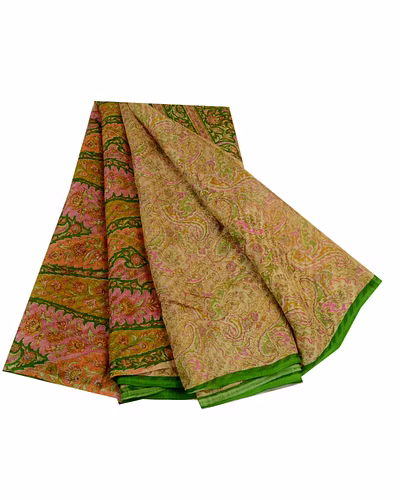 Sanskriti Vintage Sarees Cream Pure Silk Printed Woven Sari Soft Craft Fabric, PR-64287-Cream-Pure Silk-7
