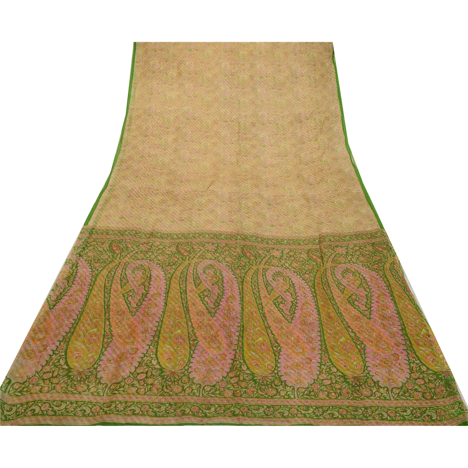 Sanskriti Vintage Sarees Cream Pure Silk Printed Woven Sari Soft Craft Fabric, PR-64287-Cream-Pure Silk-8