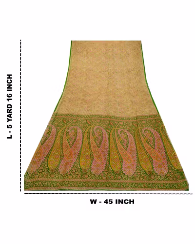Sanskriti Vintage Sarees Cream Pure Silk Printed Woven Sari Soft Craft Fabric, PR-64287-Cream-Pure Silk-9