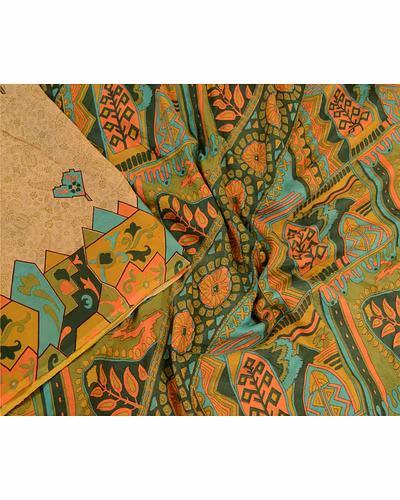 Sanskriti Vintage Sarees Light-Brown 100% Pure Cotton Printed Sari Craft Fabric, PR-64289-Light-Brown-Pure Cotton-1