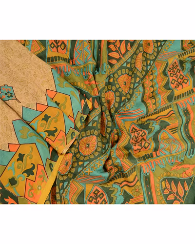 Sanskriti Vintage Sarees Light-Brown 100% Pure Cotton Printed Sari Craft Fabric, PR-64289-Light-Brown-Pure Cotton-2