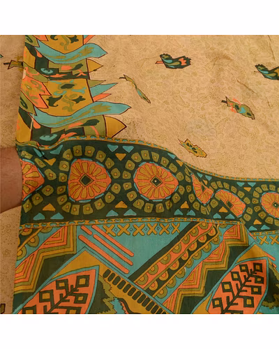 Sanskriti Vintage Sarees Light-Brown 100% Pure Cotton Printed Sari Craft Fabric, PR-64289-Light-Brown-Pure Cotton-5