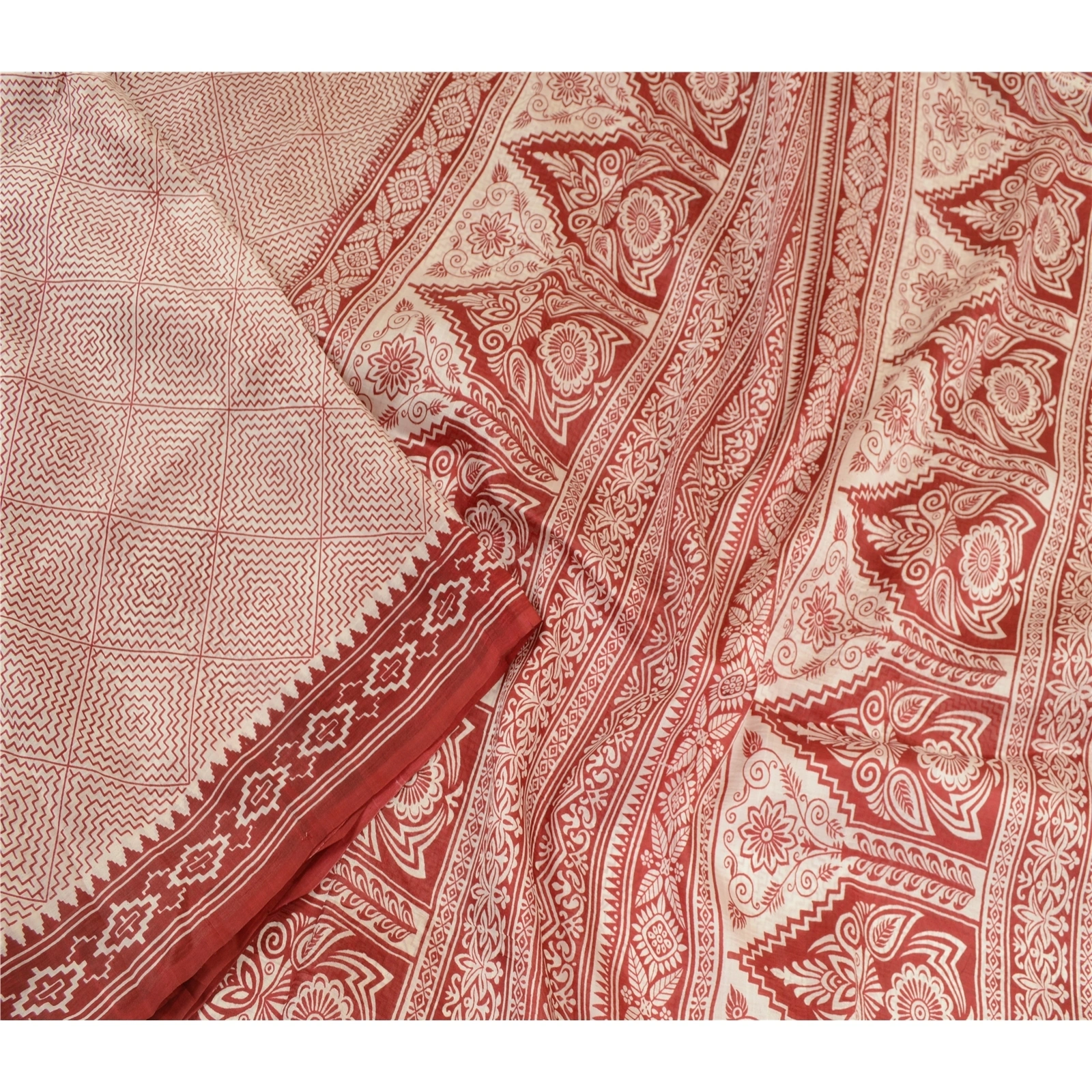 Sanskriti Vintage Sarees Indian Red Block Printed Pure Silk Sari Craft Fabric, PR-64290-Dark Red-Pure Silk-1