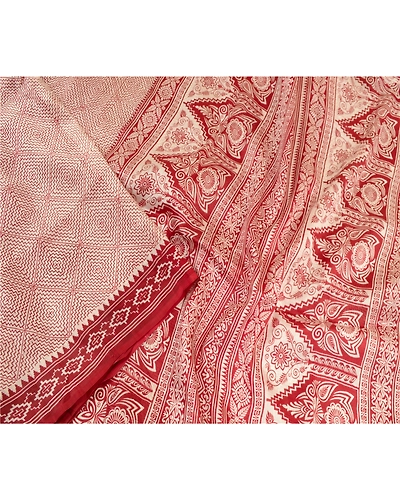 Sanskriti Vintage Sarees Indian Red Block Printed Pure Silk Sari Craft Fabric, PR-64290-Dark Red-Pure Silk-1