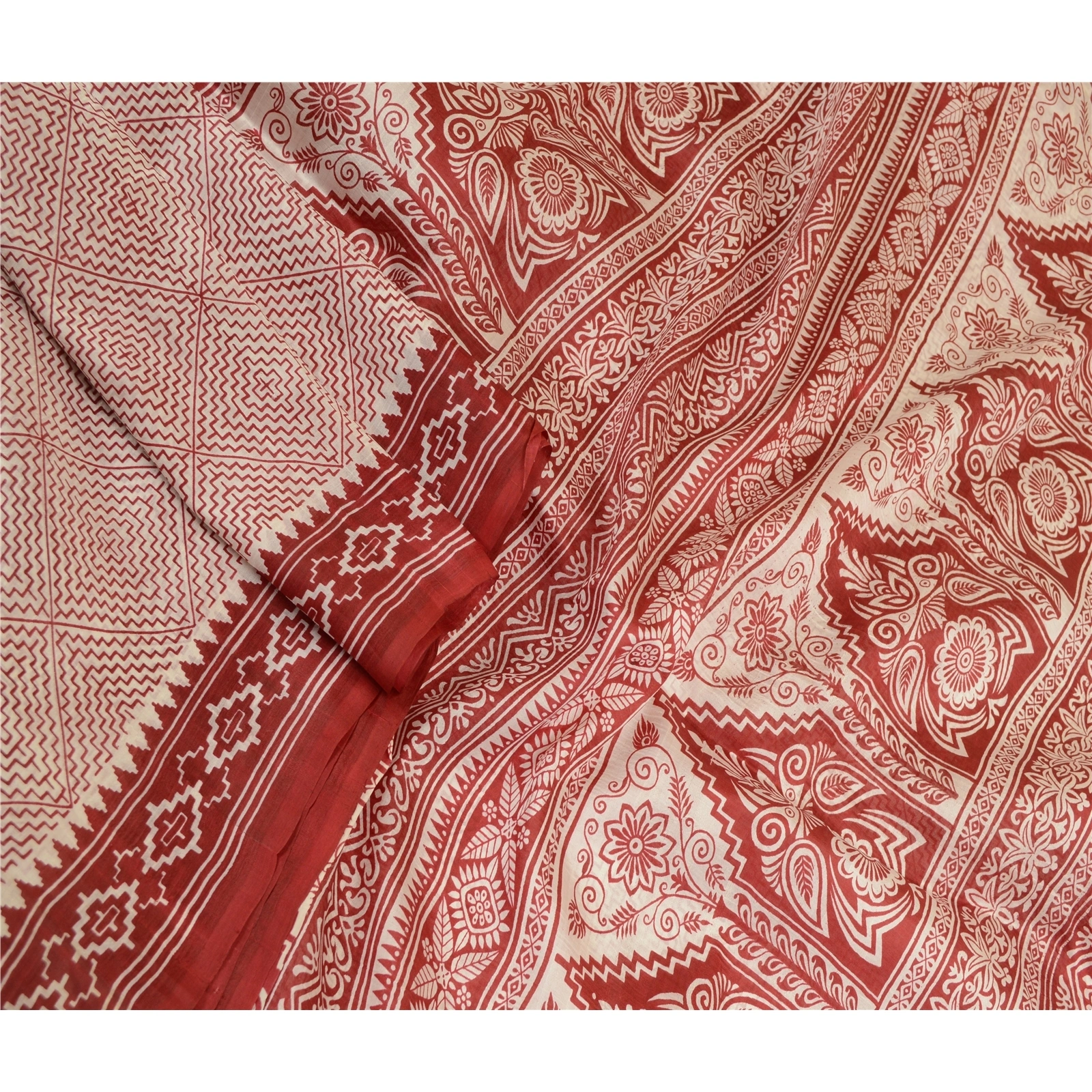 Sanskriti Vintage Sarees Indian Red Block Printed Pure Silk Sari Craft Fabric, PR-64290-Dark Red-Pure Silk-2