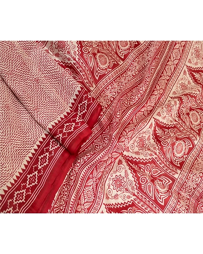 Sanskriti Vintage Sarees Indian Red Block Printed Pure Silk Sari Craft Fabric, PR-64290-Dark Red-Pure Silk-2
