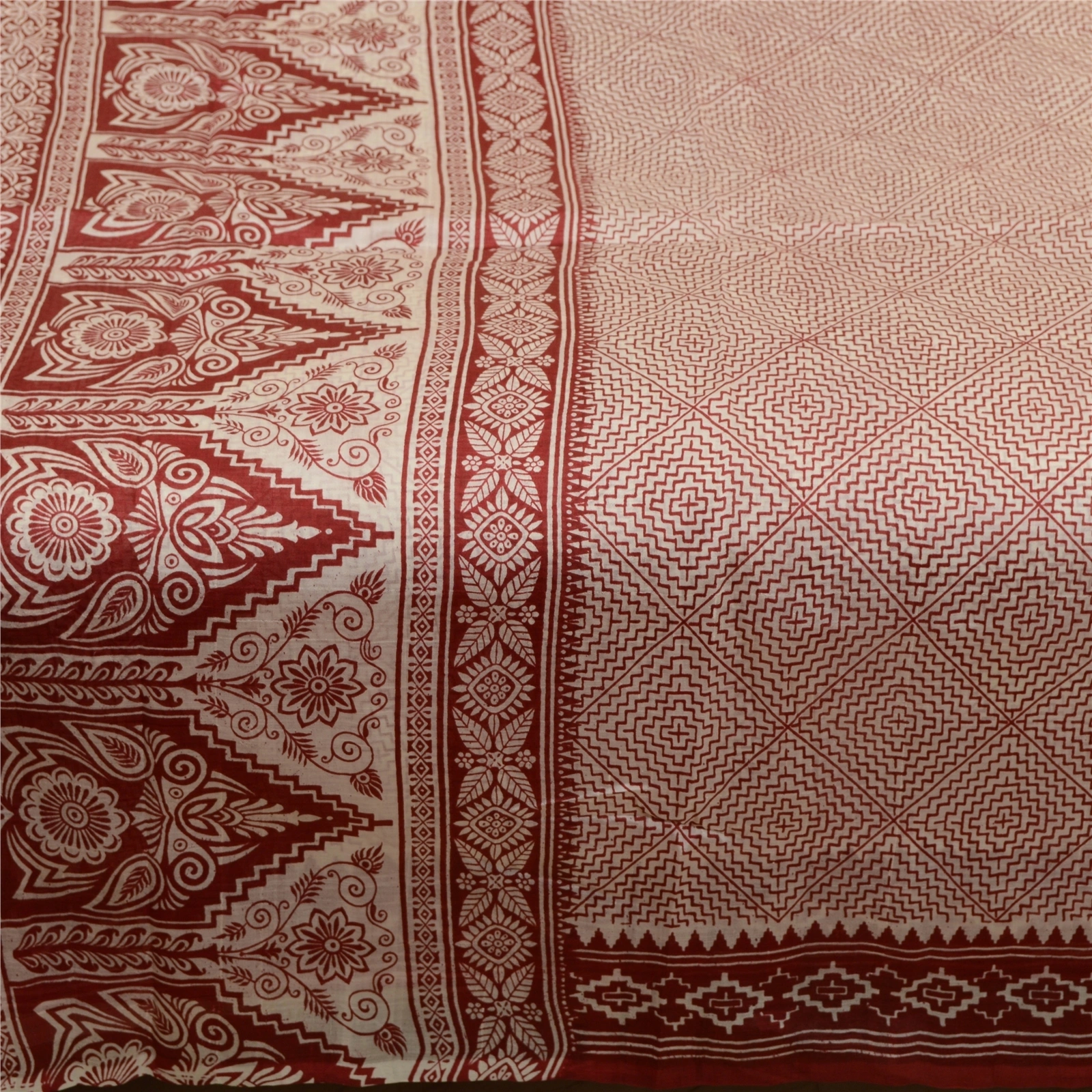 Sanskriti Vintage Sarees Indian Red Block Printed Pure Silk Sari Craft Fabric, PR-64290-Dark Red-Pure Silk-3