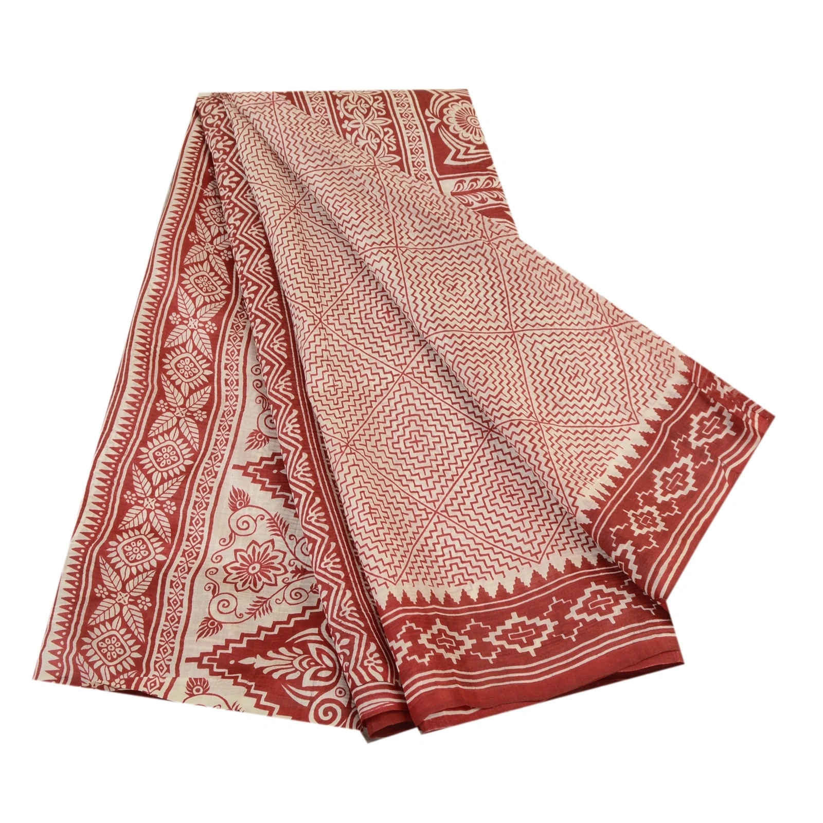 Sanskriti Vintage Sarees Indian Red Block Printed Pure Silk Sari Craft Fabric, PR-64290-Dark Red-Pure Silk-6