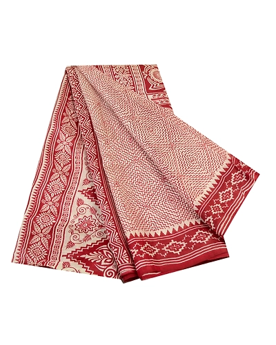 Sanskriti Vintage Sarees Indian Red Block Printed Pure Silk Sari Craft Fabric, PR-64290-Dark Red-Pure Silk-6