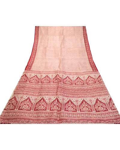 Sanskriti Vintage Sarees Indian Red Block Printed Pure Silk Sari Craft Fabric, PR-64290-Dark Red-Pure Silk-7