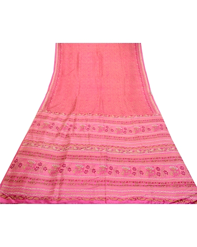 Sanskriti Vintage Sarees Indian Pink Printed Pure Silk Sari Soft Craft Fabric, PR-64292-Pink-Pure Silk-8