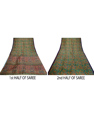 Sanskriti Vintage Sarees Indian Green Printed Pure Silk Sari Soft Craft Fabric, PR-64293-Green-Pure Silk-4