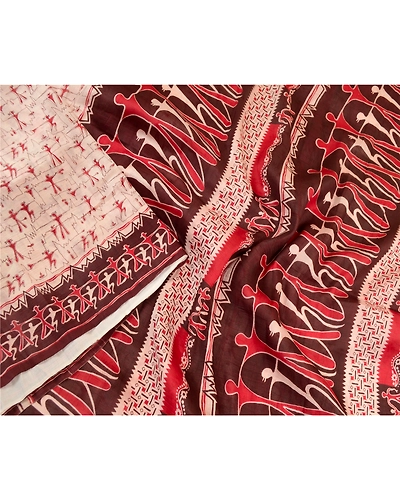 Sanskriti Vintage Sarees Ivory Abstract Human Print Pure Silk Sari Craft Fabric, PR-64298-Ivory-Pure Silk-1